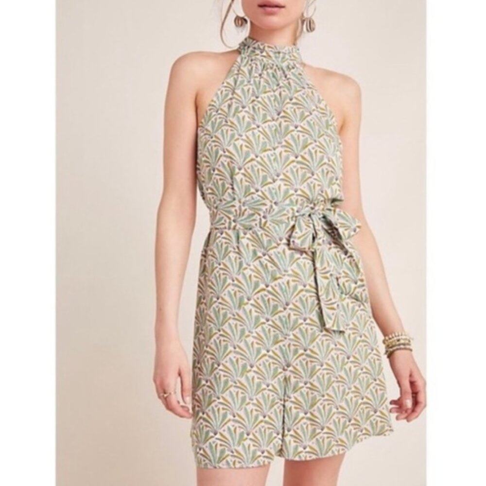 Anthropologie Maddie Palm Leaf High Neck Tie Waist Romper